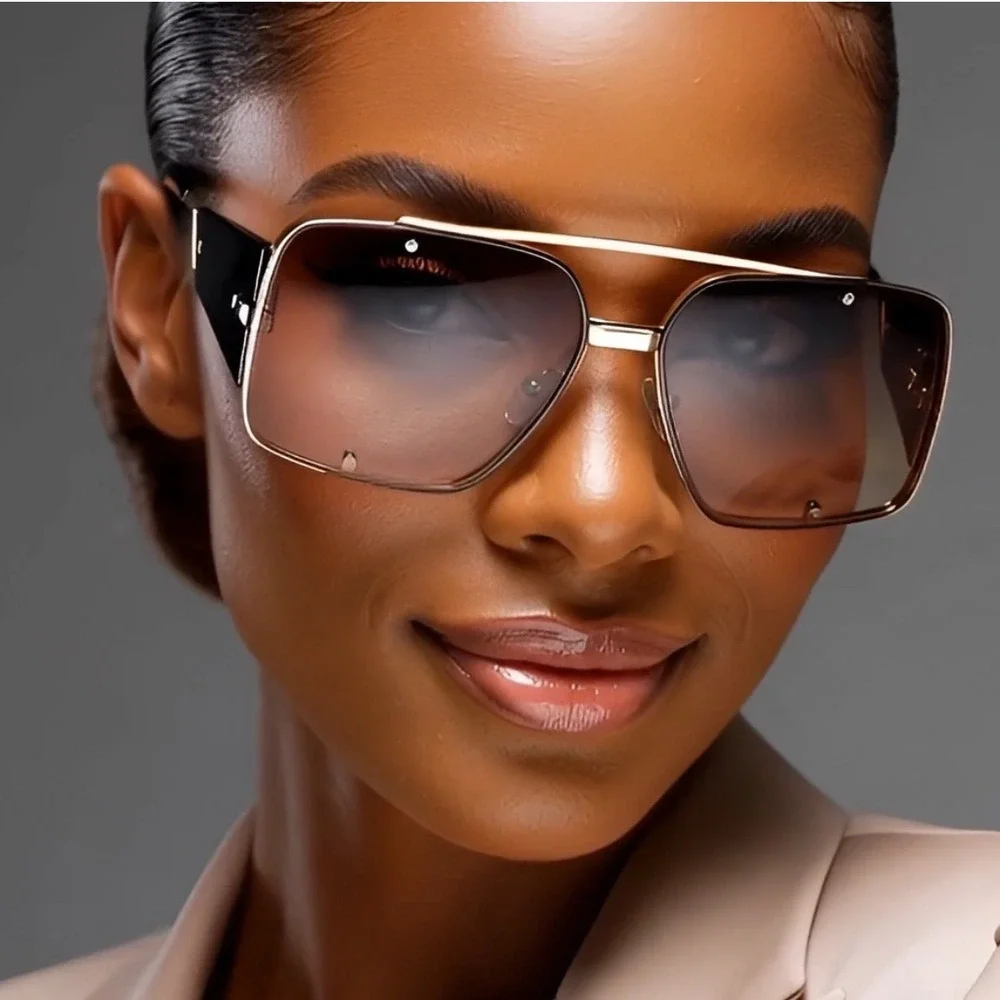 Oversized Square Sunglasses Women Gold Frame Gradient Brown‎ Lenses Fashion